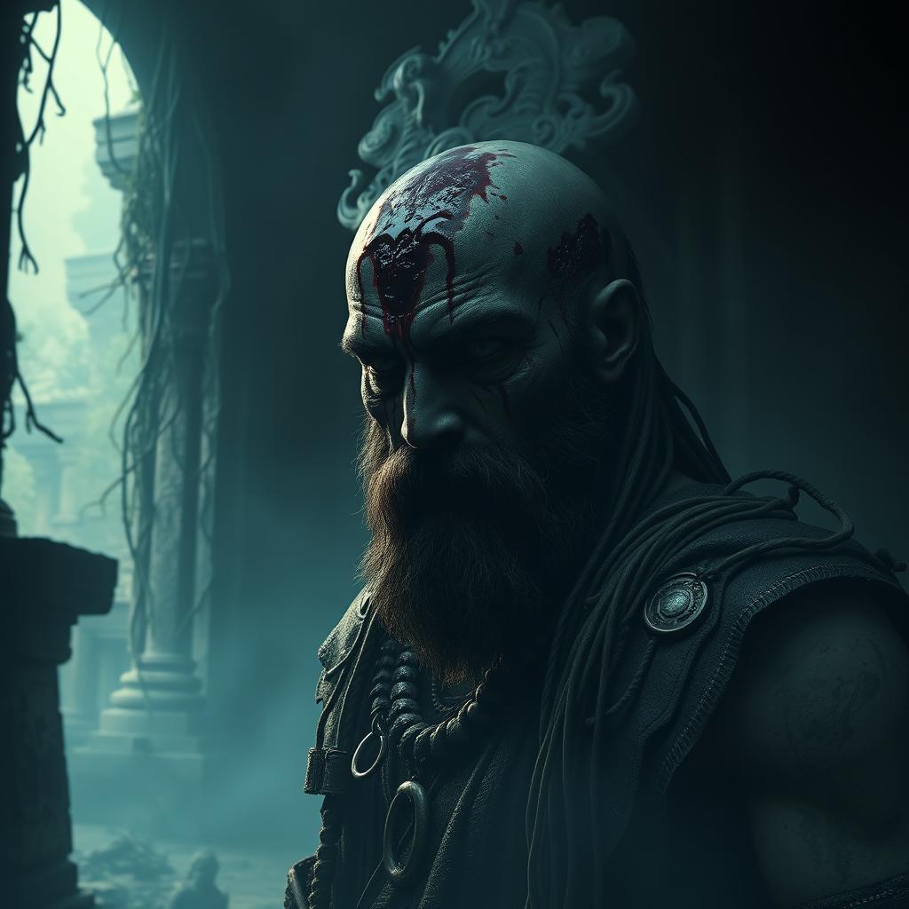 A chilling scene featuring a Beardo warrior Ashwatthama with a deep, fresh, dark wound on the center of his forehead, from which blood endlessly drips