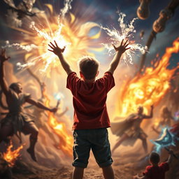 A scene featuring a young boy in the background, harnessing magical powers