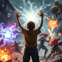 A scene featuring a young boy in the background, harnessing magical powers