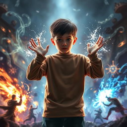 A scene featuring a young boy in the background, harnessing magical powers
