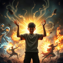A scene featuring a young boy in the background, harnessing magical powers