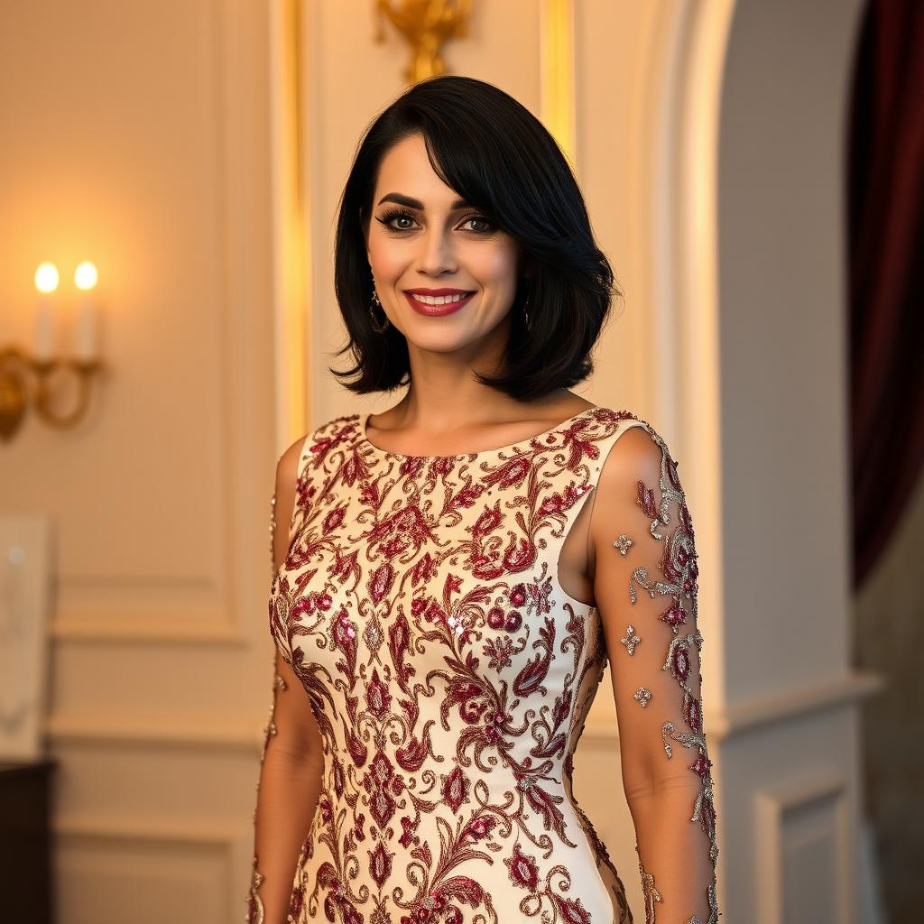 A 40-year-old woman with black hair dyed burgundy, wearing a glamorous dark cream sequined party dress