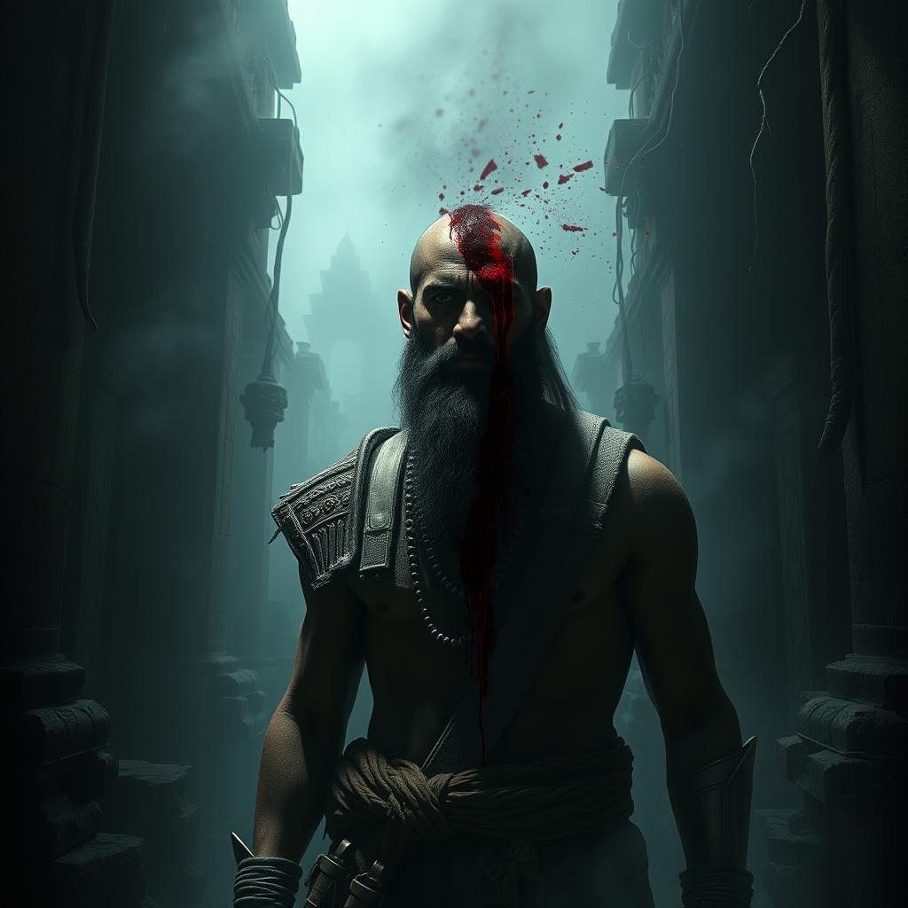 A chilling scene featuring a Beardo warrior Ashwatthama with a deep, fresh, dark wound on the center of his forehead, from which blood endlessly drips