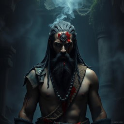 A chilling scene featuring a Beardo warrior Ashwatthama with a deep, fresh, dark wound on the center of his forehead, from which blood endlessly drips