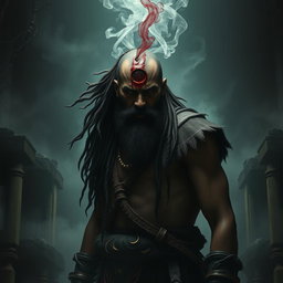 A chilling scene featuring a Beardo warrior Ashwatthama with a deep, fresh, dark wound on the center of his forehead, from which blood endlessly drips