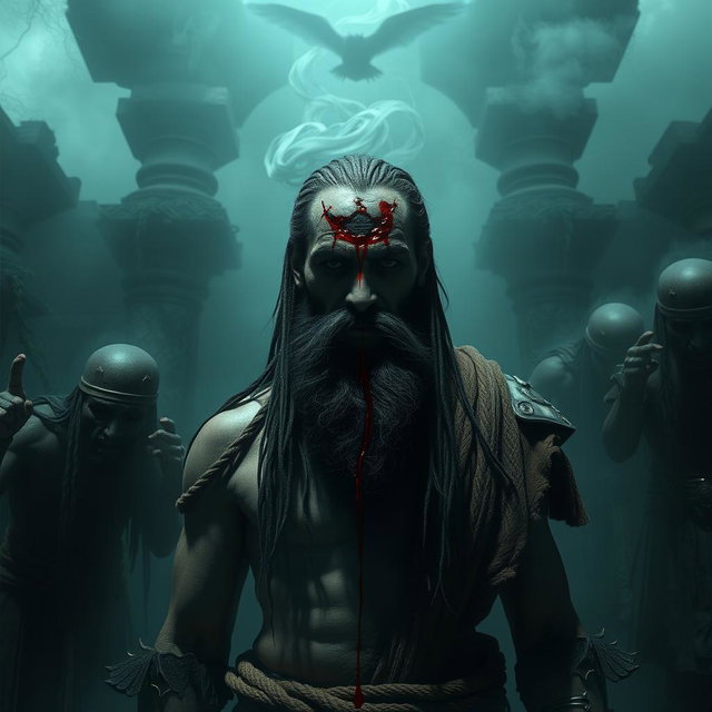 A chilling scene featuring a Beardo warrior Ashwatthama with a deep, fresh, dark wound on the center of his forehead, from which blood endlessly drips