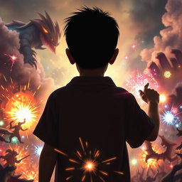 A scene featuring a young boy in the background, his face not visible, as he conjures magical powers