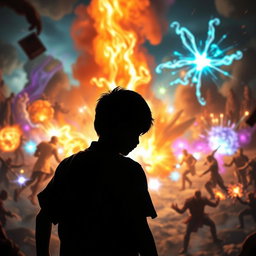A scene featuring a young boy in the background, his face not visible, as he conjures magical powers