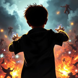 A scene featuring a young boy in the background, his face not visible, as he conjures magical powers