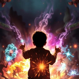 A scene featuring a young boy in the background, his face not visible, as he conjures magical powers
