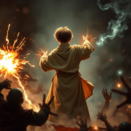 A young boy dressed in flowing robes, positioned in the background with his face obscured, as he channels magical powers
