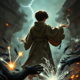 A young boy dressed in flowing robes, positioned in the background with his face obscured, as he channels magical powers