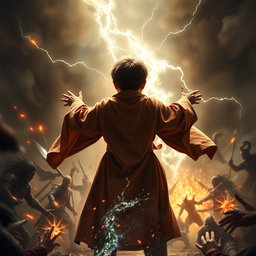 A young boy dressed in flowing robes, positioned in the background with his face obscured, as he channels magical powers