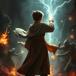 A young boy dressed in flowing robes, positioned in the background with his face obscured, as he channels magical powers