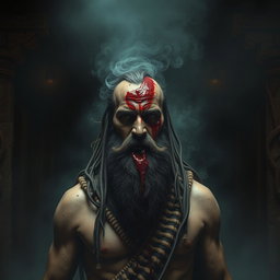 A chilling scene featuring a Beardo warrior Ashwatthama from the Mahabharata with a deep, fresh, dark wound on his forehead, from which blood endlessly drips, releasing an unsettling foul odor