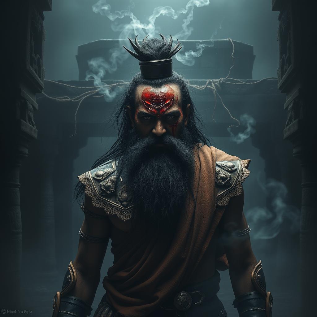 A chilling scene featuring a Beardo warrior Ashwatthama from the Mahabharata with a deep, fresh, dark wound on his forehead, from which blood endlessly drips, releasing an unsettling foul odor