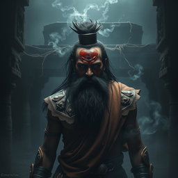 A chilling scene featuring a Beardo warrior Ashwatthama from the Mahabharata with a deep, fresh, dark wound on his forehead, from which blood endlessly drips, releasing an unsettling foul odor