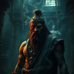 A chilling scene featuring a Beardo warrior Ashwatthama from the Mahabharata with a deep, fresh, dark wound on his forehead, from which blood endlessly drips, releasing an unsettling foul odor