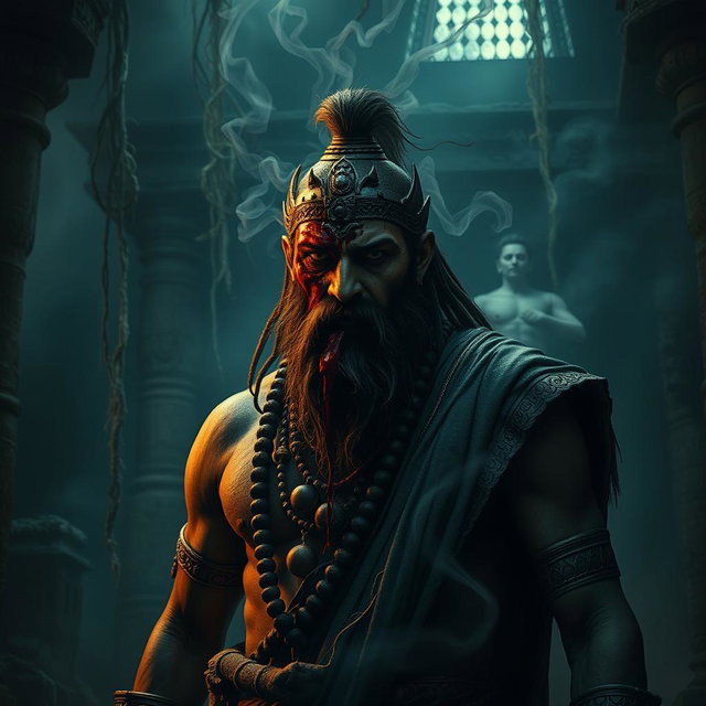 A chilling scene featuring a Beardo warrior Ashwatthama from the Mahabharata with a deep, fresh, dark wound on his forehead, from which blood endlessly drips, releasing an unsettling foul odor