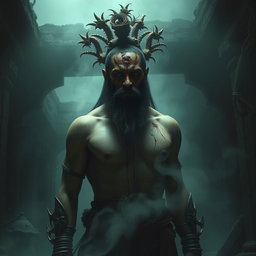 A chilling scene featuring a Beardo warrior Ashwatthama from the Mahabharata with a deep, fresh, dark wound on his forehead, from which blood endlessly drips, releasing an unsettling foul odor