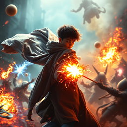 A scene featuring a 14-year-old boy dressed in flowing robes, positioned in the background with his face obscured, as he channels magical powers