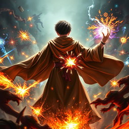 A scene featuring a 14-year-old boy dressed in flowing robes, positioned in the background with his face obscured, as he channels magical powers