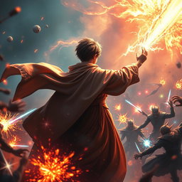 A scene featuring a 14-year-old boy dressed in flowing robes, positioned in the background with his face obscured, as he channels magical powers