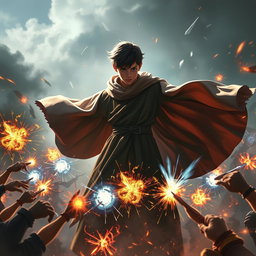 A scene featuring a 14-year-old boy dressed in flowing robes, positioned in the background with his face obscured, as he channels magical powers