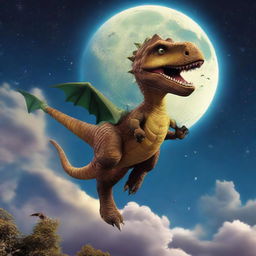 A playful image of a dinosaur joyously riding a broomstick, soaring above Earth's atmosphere with the stunning moon in the background.