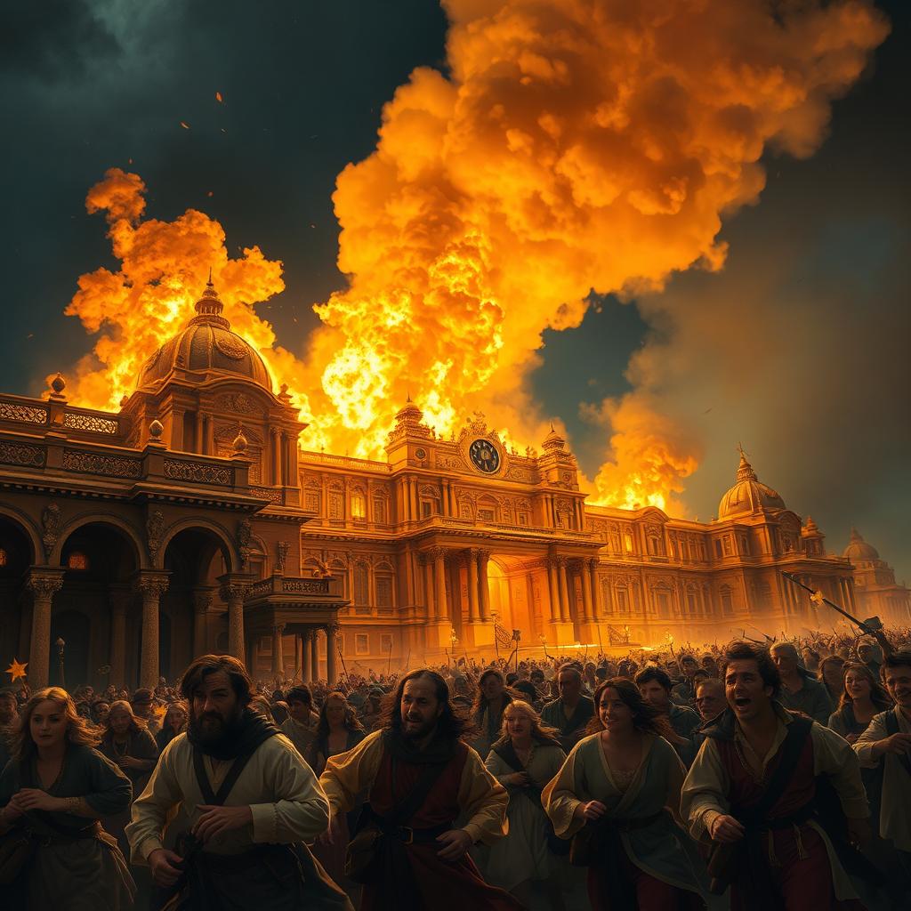 A grand, opulent palace engulfed in flames, casting a fiery glow in the night sky
