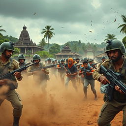 A dramatic scene depicting soldiers engaged in a fierce battle against invaders in the historic streets of Anuradhapura