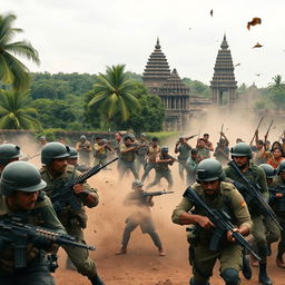 A dramatic scene depicting soldiers engaged in a fierce battle against invaders in the historic streets of Anuradhapura