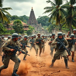 A dramatic scene depicting soldiers engaged in a fierce battle against invaders in the historic streets of Anuradhapura