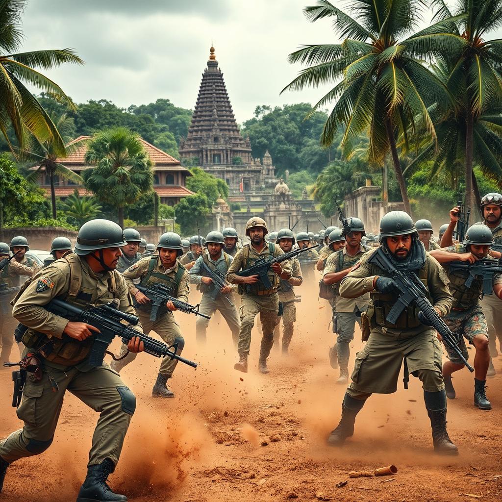 A dramatic scene depicting soldiers engaged in a fierce battle against invaders in the historic streets of Anuradhapura
