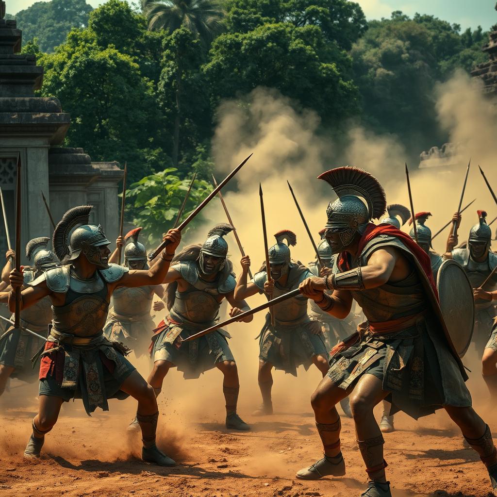 An intense battle scene featuring ancient soldiers, wearing traditional armor and wielding weapons, fiercely engaging in combat against invaders in the historical streets of Anuradhapura