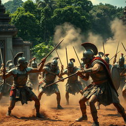 An intense battle scene featuring ancient soldiers, wearing traditional armor and wielding weapons, fiercely engaging in combat against invaders in the historical streets of Anuradhapura