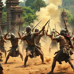 An intense battle scene featuring ancient soldiers, wearing traditional armor and wielding weapons, fiercely engaging in combat against invaders in the historical streets of Anuradhapura