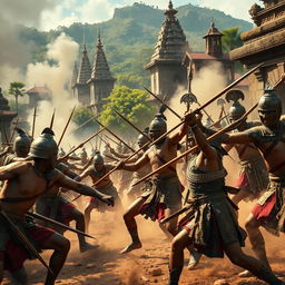 An intense battle scene featuring ancient soldiers, wearing traditional armor and wielding weapons, fiercely engaging in combat against invaders in the historical streets of Anuradhapura