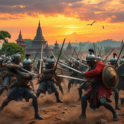 A dynamic scene depicting ancient Asian soldiers fiercely battling invaders in the bustling streets of Anuradhapura