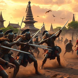 A dynamic scene depicting ancient Asian soldiers fiercely battling invaders in the bustling streets of Anuradhapura