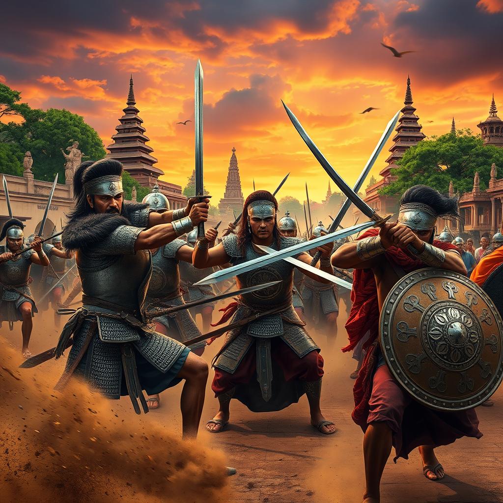 A dynamic scene depicting ancient Asian soldiers fiercely battling invaders in the bustling streets of Anuradhapura