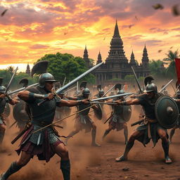 A dynamic scene depicting ancient Asian soldiers fiercely battling invaders in the bustling streets of Anuradhapura