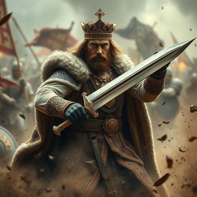 A regal king dressed in ornate royal attire, wielding a gleaming sword, fiercely engaging in battle