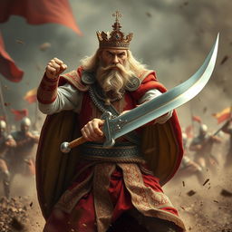 A regal king dressed in ornate royal attire, wielding a gleaming sword, fiercely engaging in battle