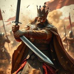 A regal king dressed in ornate royal attire, wielding a gleaming sword, fiercely engaging in battle