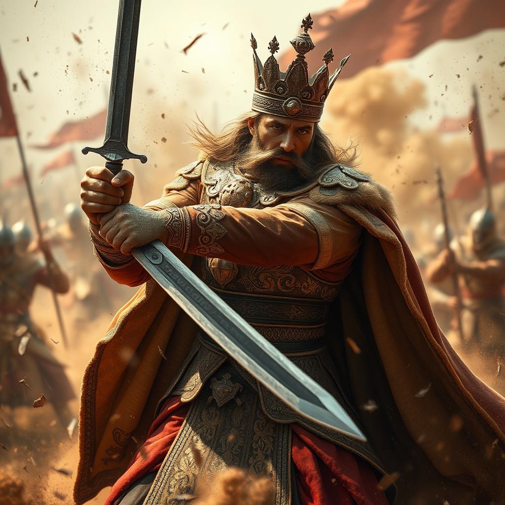 A regal king dressed in ornate royal attire, wielding a gleaming sword, fiercely engaging in battle