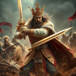 A regal king dressed in ornate royal attire, wielding a gleaming sword, fiercely engaging in battle
