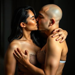 A 37-year-old Indonesian man with pure white skin is embracing a gorgeous 28-year-old woman with a sturdy and sexy body from behind, radiating affection yet a slight intimidation