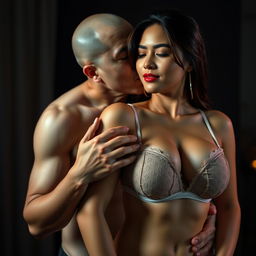 A 37-year-old Indonesian man with pure white skin is embracing a gorgeous 28-year-old woman with a sturdy and sexy body from behind, radiating affection yet a slight intimidation