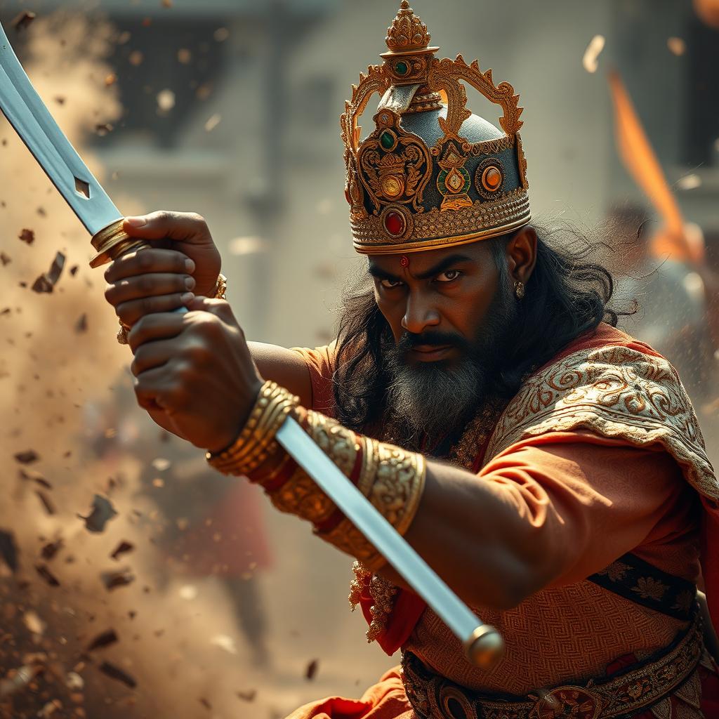 A Sri Lankan king in traditional royal attire, engaging in a fierce sword fight amidst a backdrop of chaos